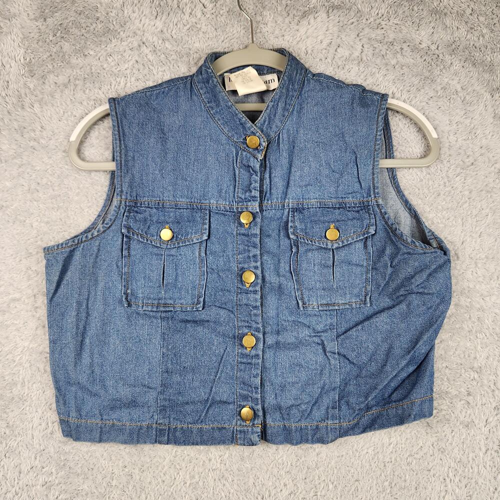 Vintage Lew Magram Vest Womens Medium Blue Denim Button Cropped Y2k Grunge Biker